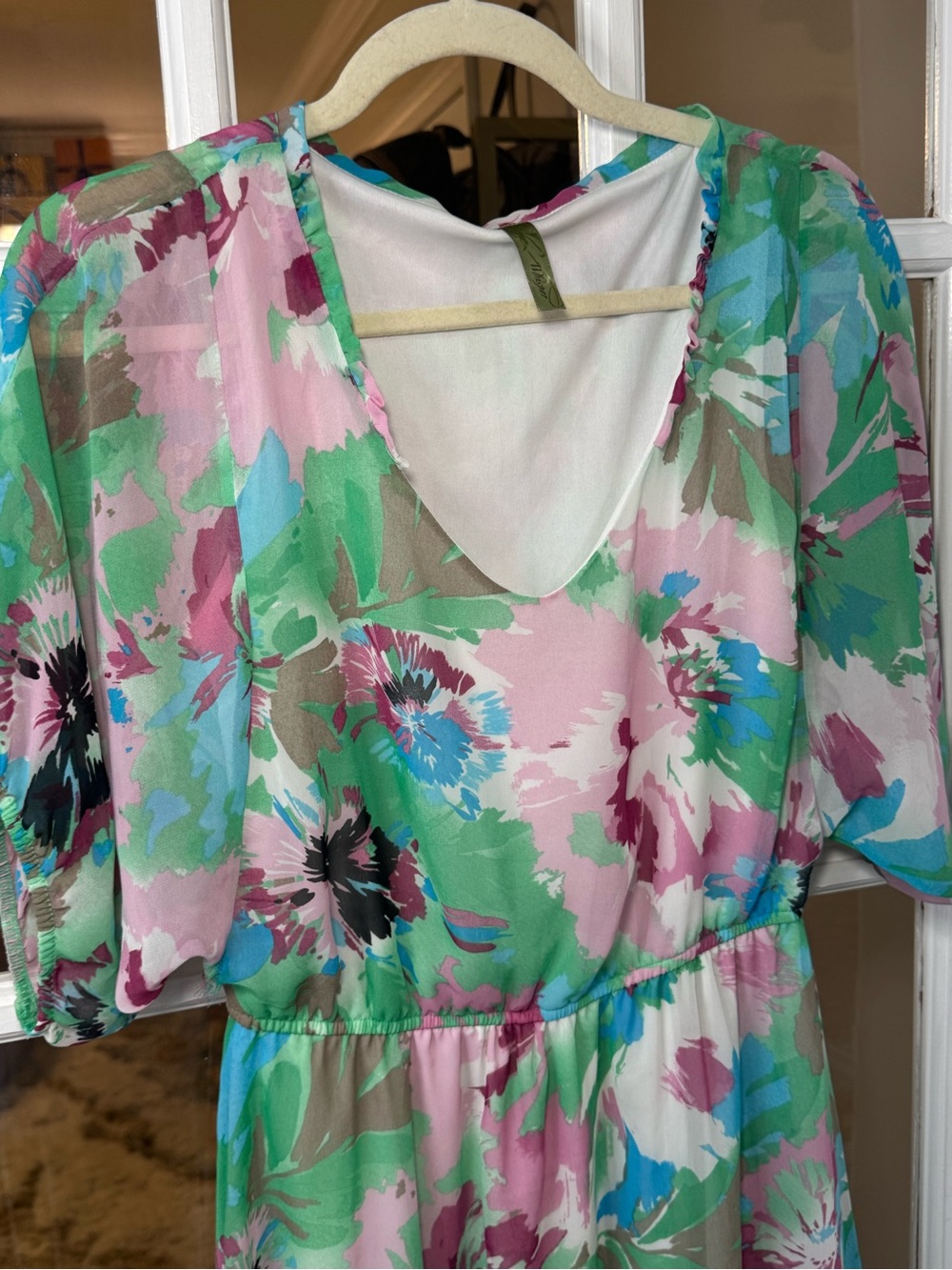 🌸🔹🍃 Floral V-Neck Floral Mini Dress in Pink, Green & Turquoise - Picture 3 of 5